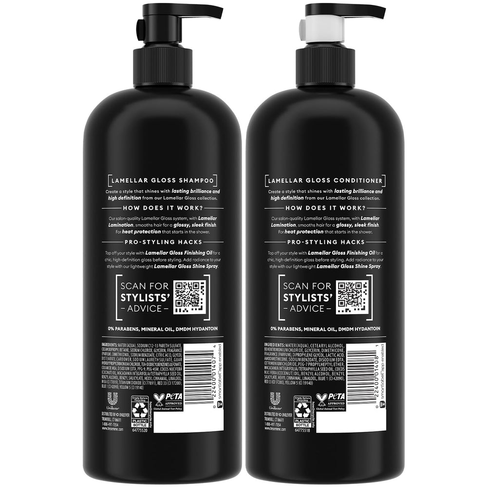 TRESemmé Lamellar Gloss conditioner bottle pouring for detangling and shine.