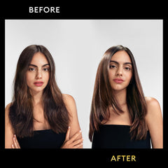 Styled hair with TRESemmé Lamellar Gloss for a sleek, glossy look.