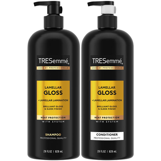TRESemmé Lamellar Gloss shampoo bottle pouring for ultra-smooth, glossy hair.