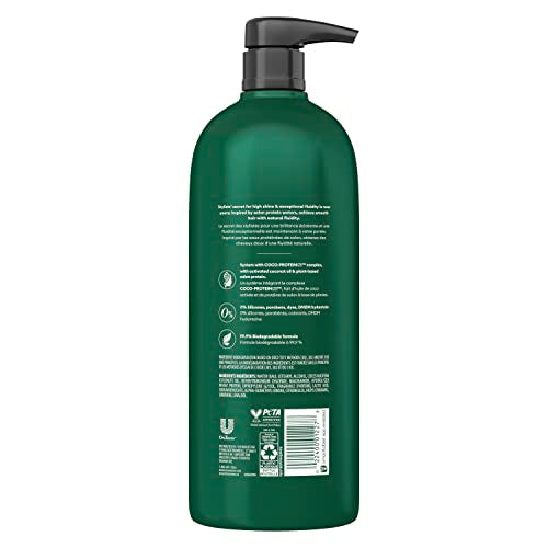 TRESemmé Pro Infusion Smooth ingredients close-up shows coconut droplets and plant protein.