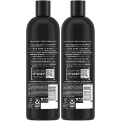 TRESemmé Rich Moisture conditioner bottle close-up seals in moisture for soft, manageable curls.
