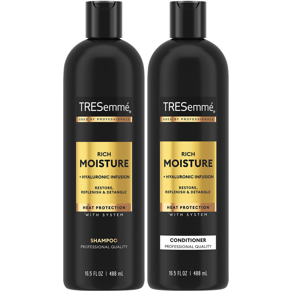 TRESemmé Rich Moisture shampoo bottle pour boosts hydration for dry, frizzy hair.