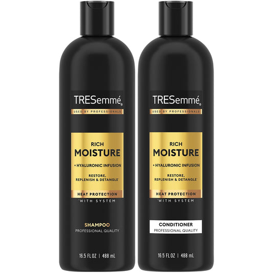 TRESemmé Rich Moisture shampoo bottle pour boosts hydration for dry, frizzy hair.