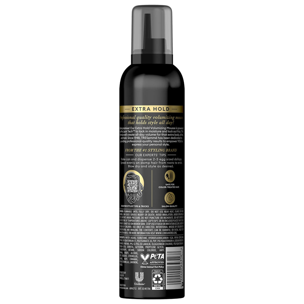 TRESemmé Shaping Mousse bottle side highlighting flexible hold and moisture.