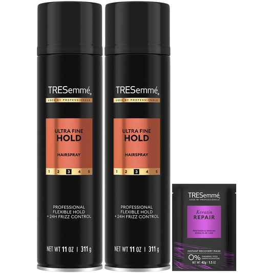 TRESemmé hairspray ultra fine hold bottle delivers long-lasting style.