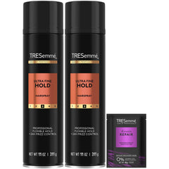 TRESemmé hairspray ultra fine hold bottle delivers long-lasting style.