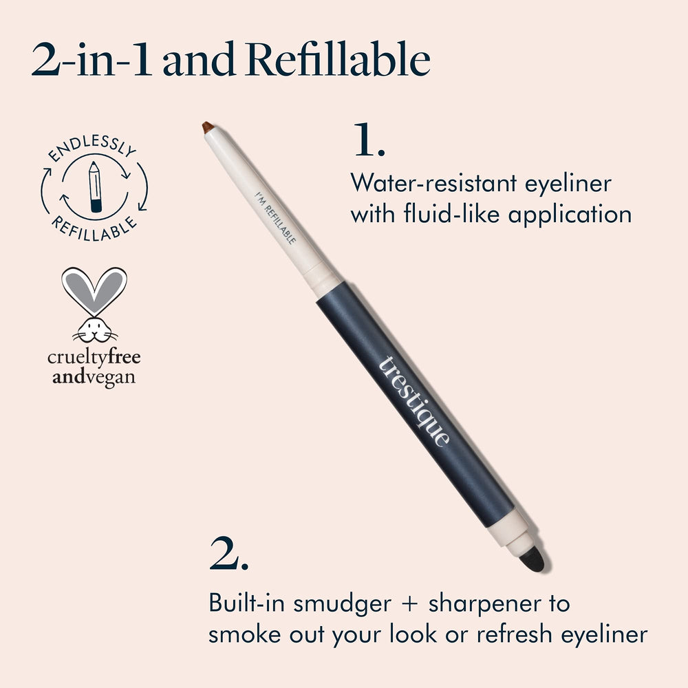 TRE'STIQUE Eyeliner built-in smudger and sharpener shown in use for soft definition.
