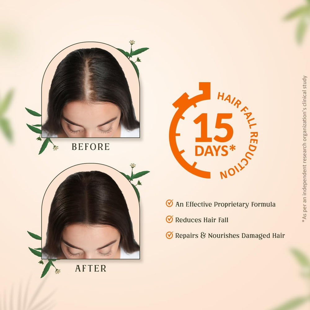 TRICHUP herbal shampoo ingredients label highlights Bhringraj, Amla, and Licorice.
