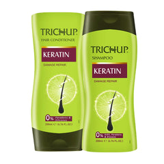 TRICHUP Keratin Shampoo bottle displays clean packaging and daily cleansing benefits.
