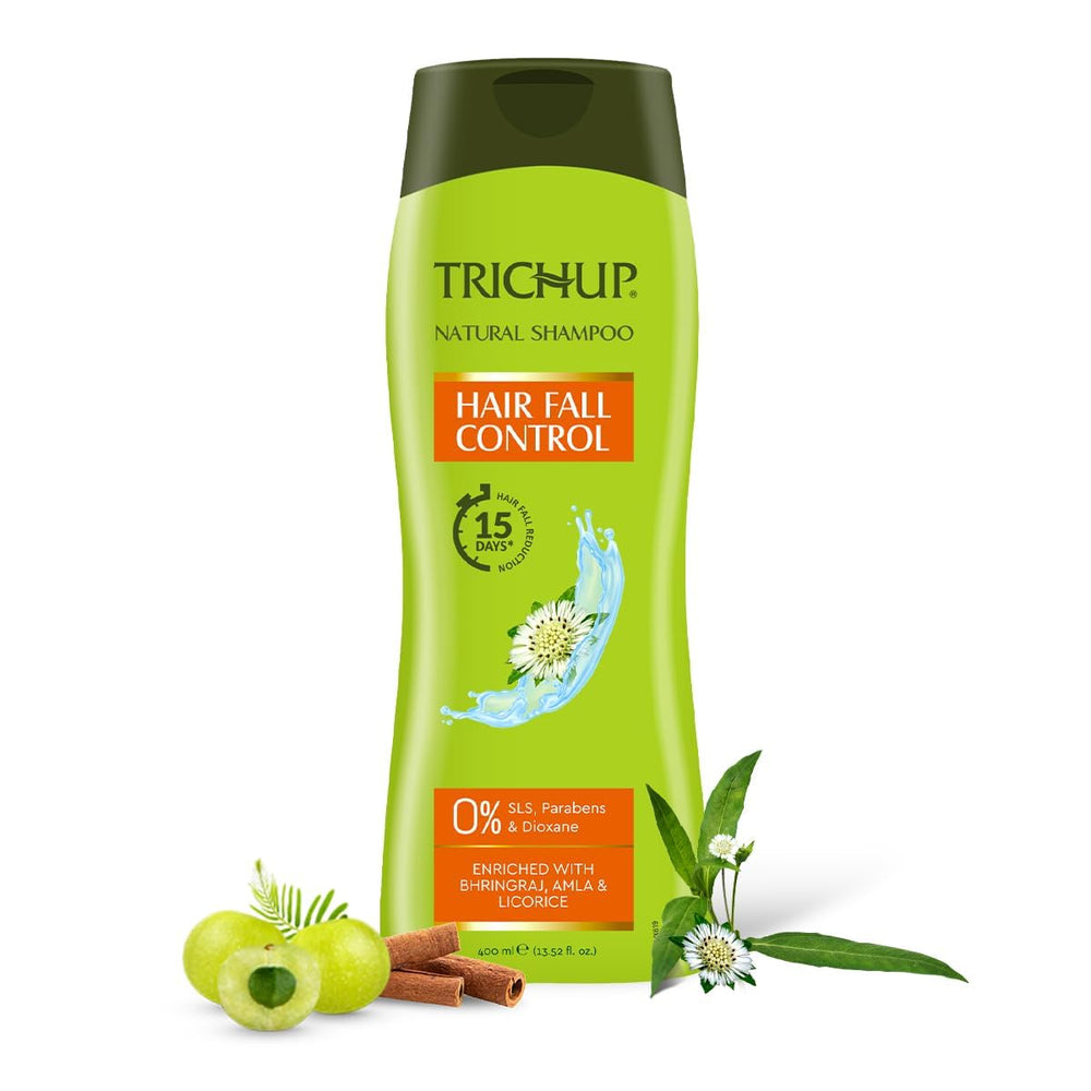 TRICHUP Natural Anti-Hair Fall Shampoo bottle with herbal formula for thinning hair.