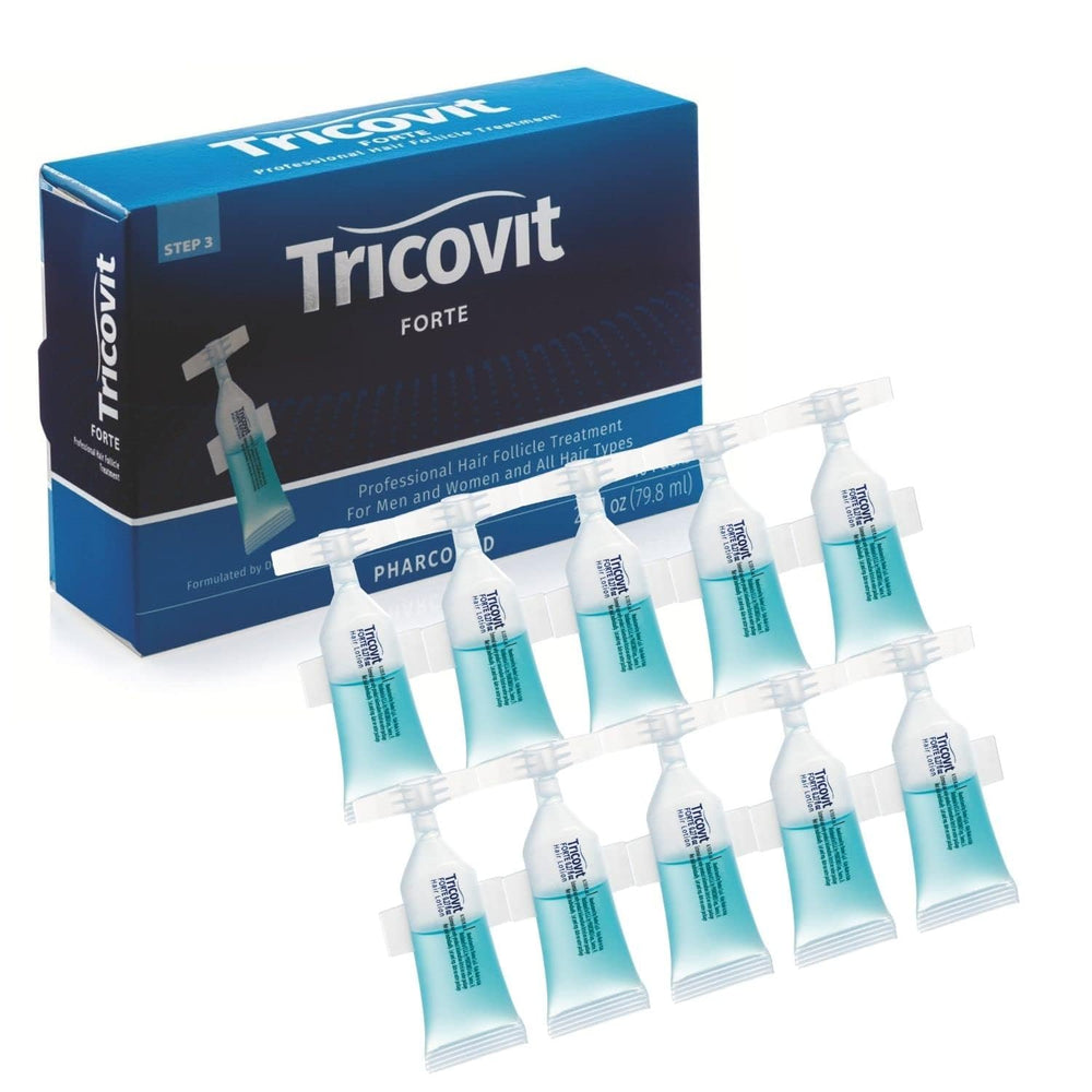 Tricovit Forte hair loss treatment bottle promotes scalp balance for healthier follicles.