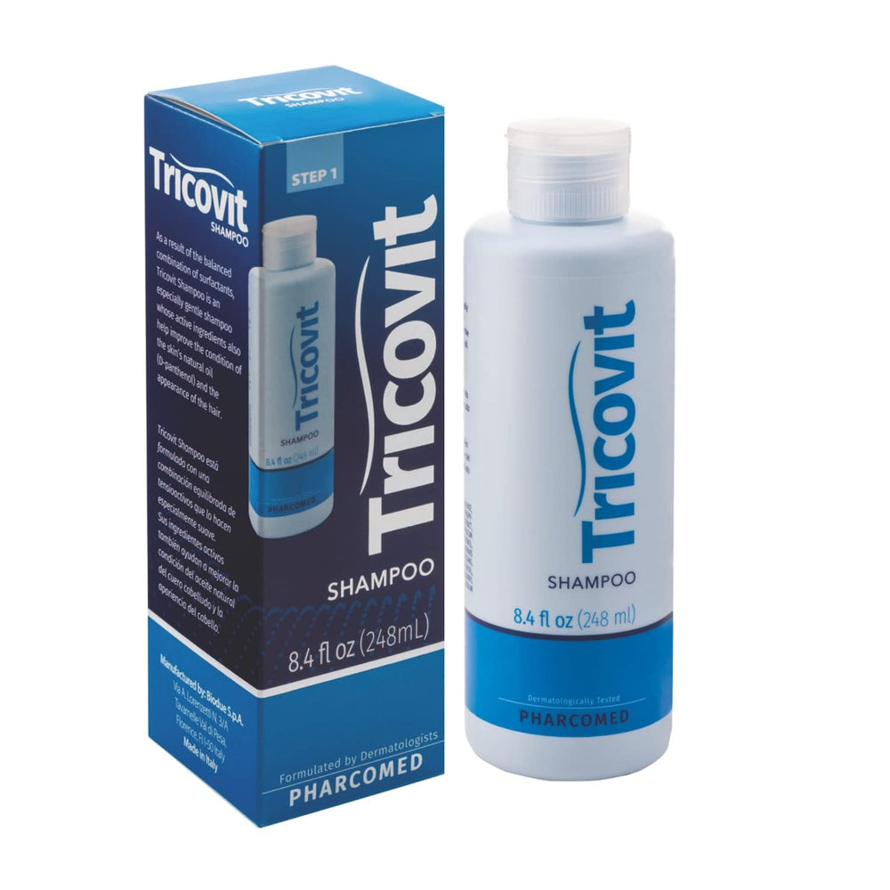 Tricovit shampoo bottle showcasing daily hair growth support and packaging.