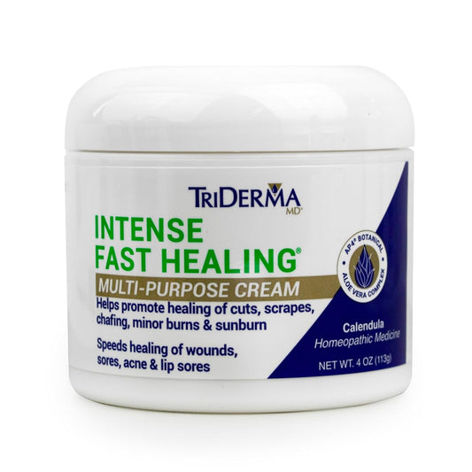 TriDerma Intense Fast Healing Cream bottle shows quick skin relief for minor irritations