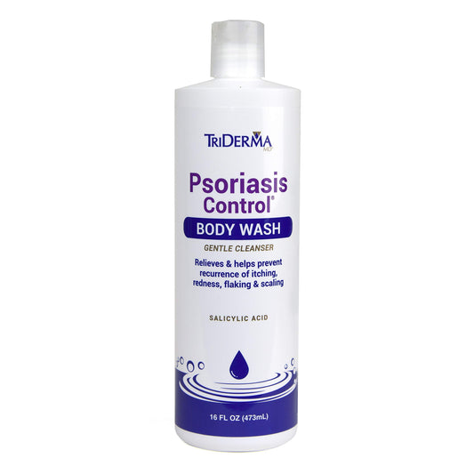 TriDerma Psoriasis Body Wash bottle highlighting 2% salicylic acid for daily cleansing