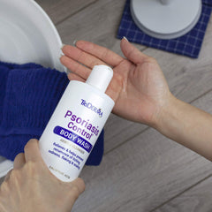 TriDerma psoriasis body wash label detail emphasizes key ingredients