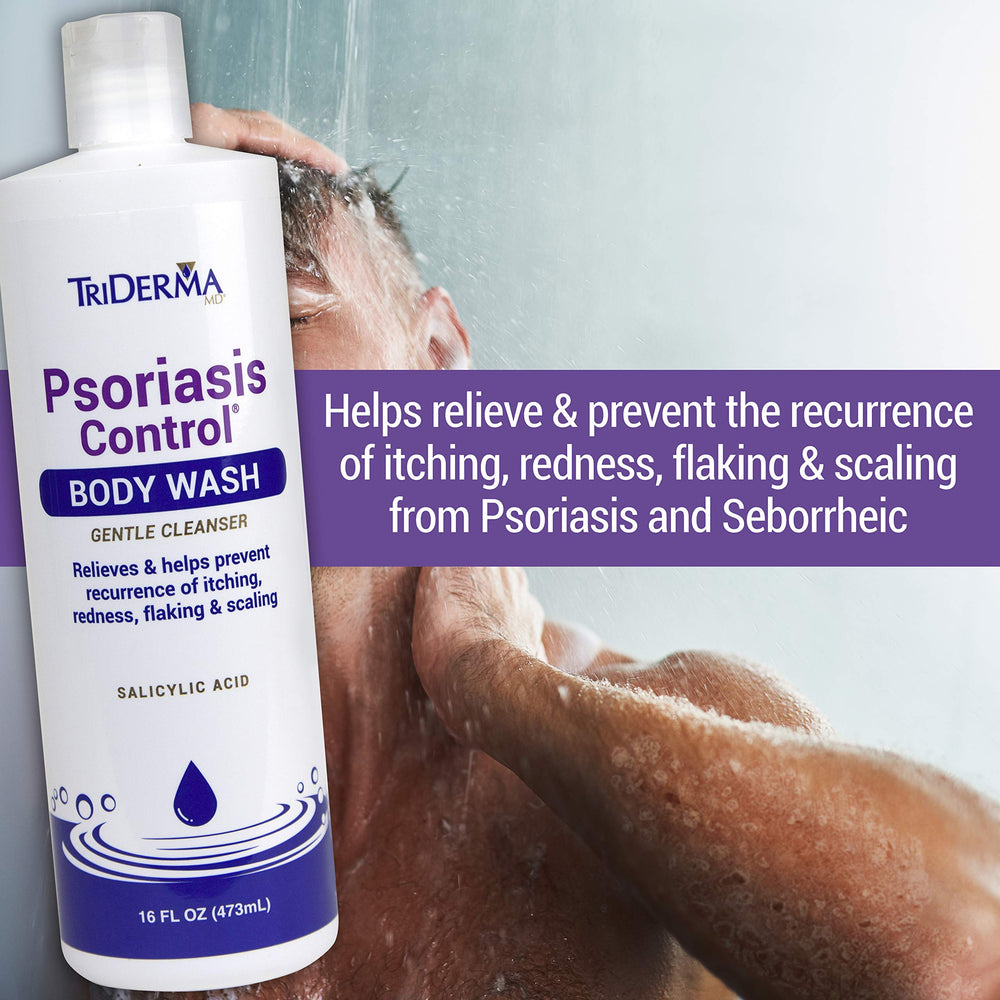 TriDerma psoriasis care shower scene shows a paraben-free, cortisone-free formula