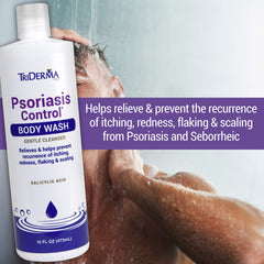 TriDerma psoriasis care shower scene shows a paraben-free, cortisone-free formula
