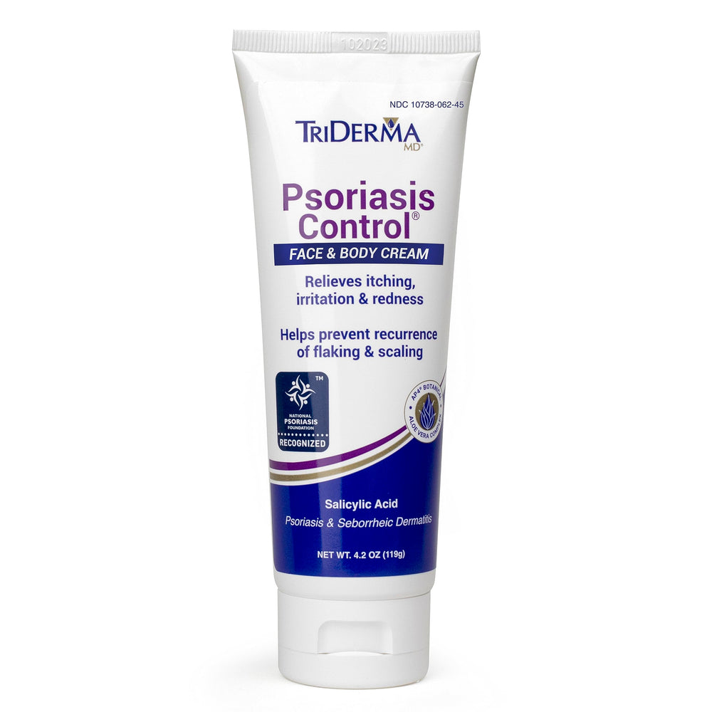 TriDerma Psoriasis Control Cream tub front shows a non-greasy formula ideal for daily use.