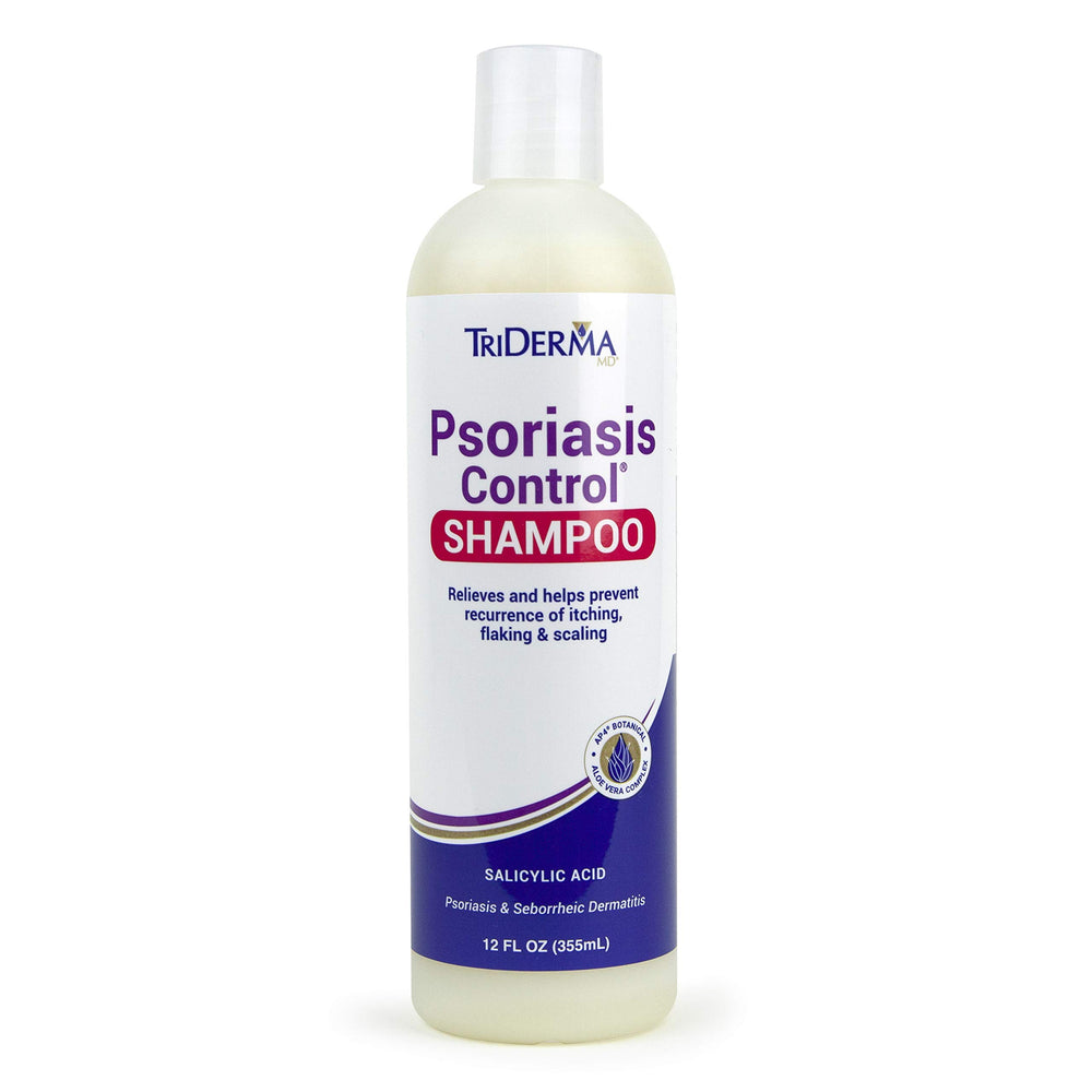 TriDerma Psoriasis Control Shampoo bottle shows salon-quality scalp care for itchy scalp relief