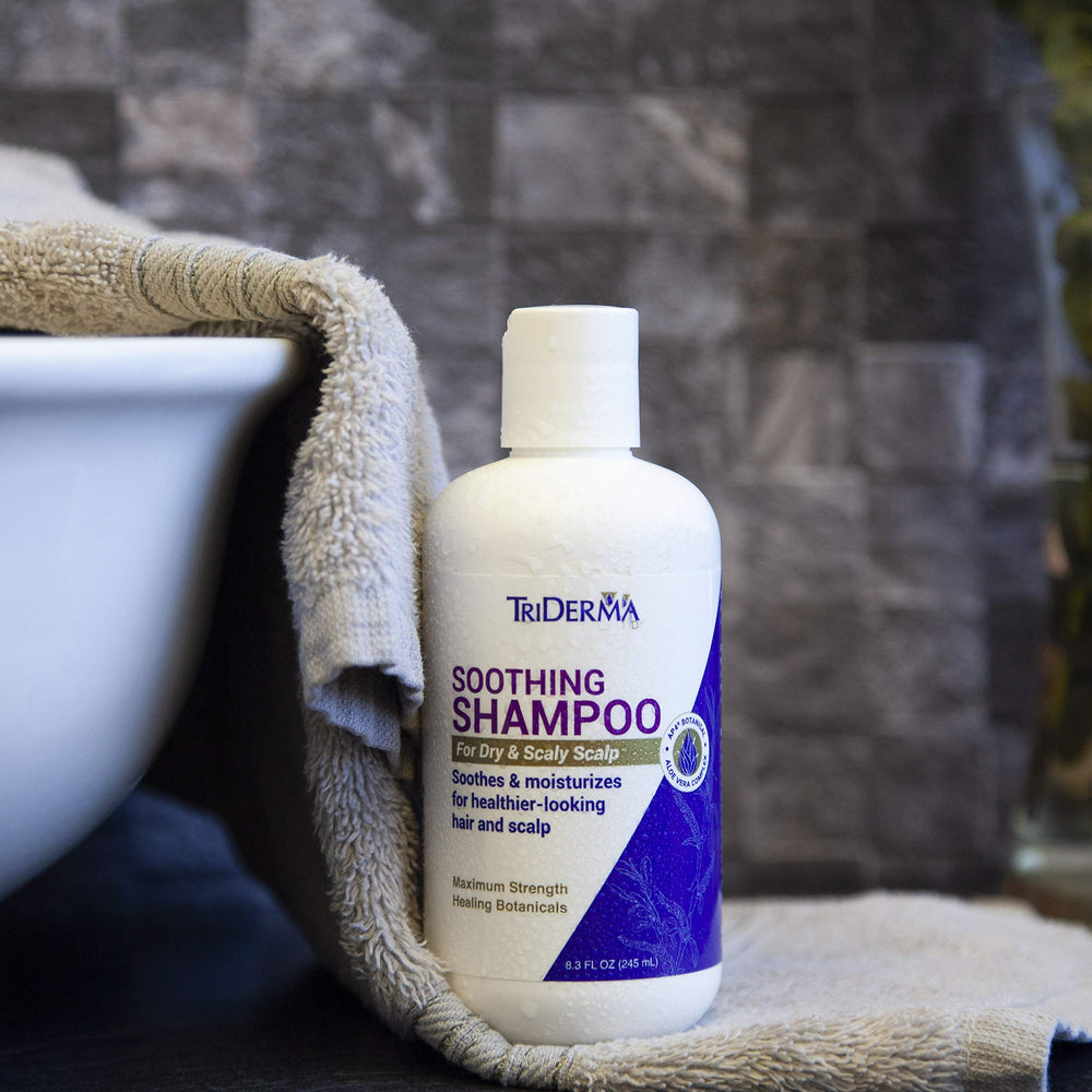 TriDerma Soothing Shampoo bathroom setup, lifestyle scene with clean, refreshed look.