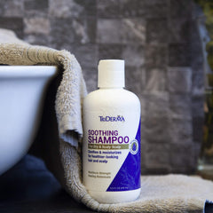 TriDerma Soothing Shampoo bathroom setup, lifestyle scene with clean, refreshed look.