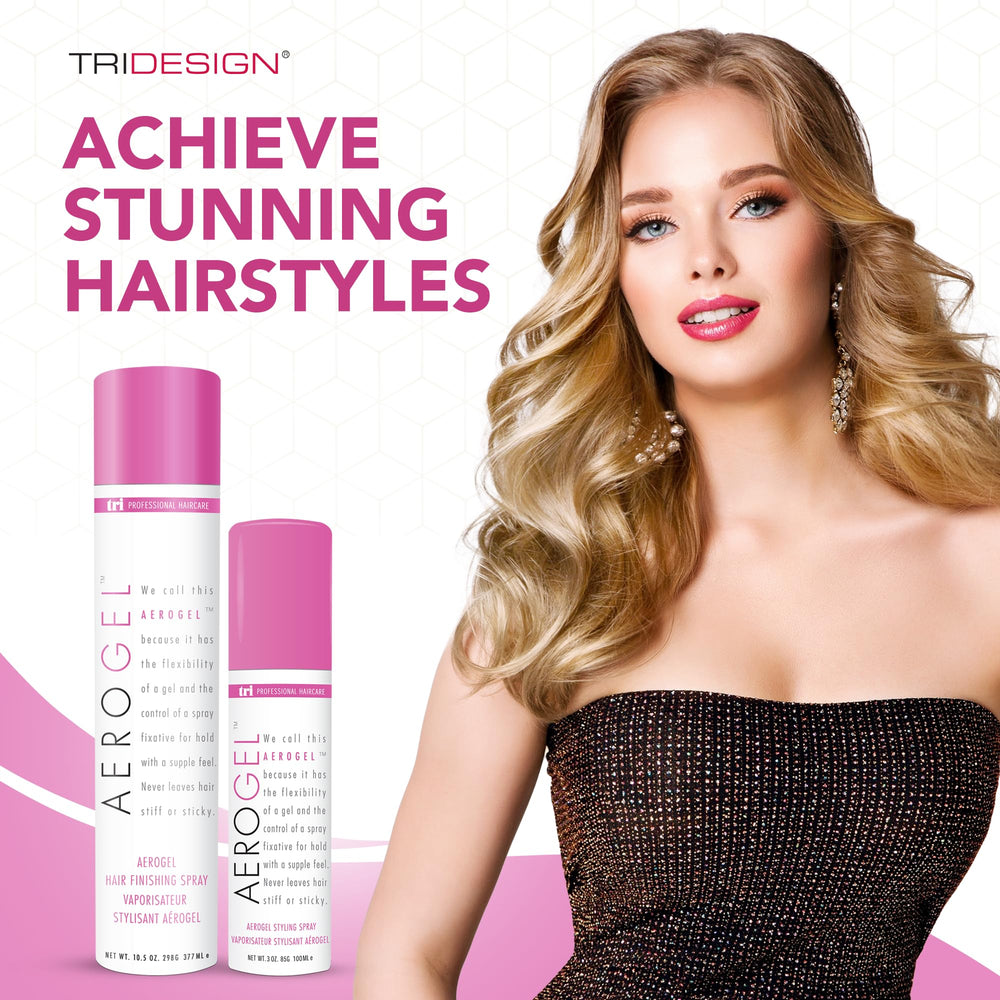 TRI Design Aerogel hairspray spray stream demonstrates rapid drying and smooth finish