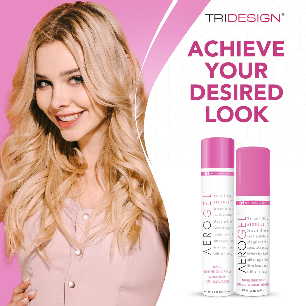 TRI Design Aerogel hairspray pack of two display demonstrates value and versatile sizes