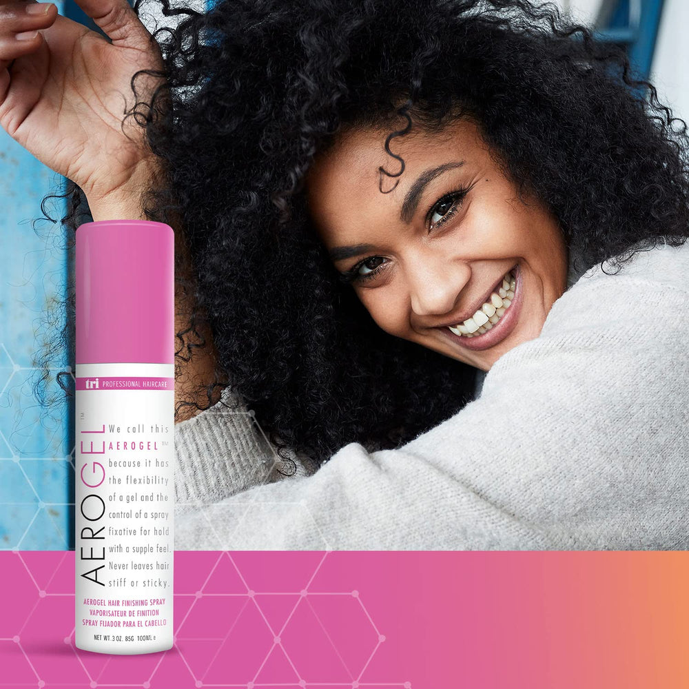 TRIDESIGN Aerogel hairspray bottle demonstrating daily styling without residue.