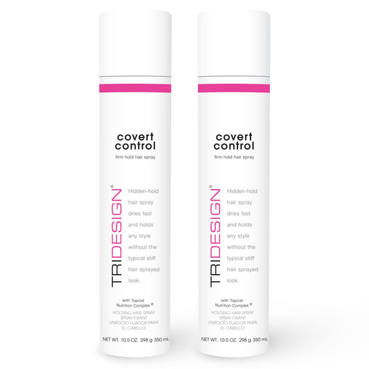 TRI Design Covert Control hairspray bottle with invisible hold for all hair types.