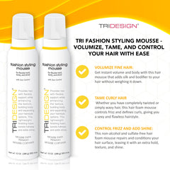 TRI Fashion Volumizing Mousse model with wavy hair demonstrates lift and flexible hold.