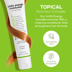 TRIDESIGN Unific Energy curly hair moisture showcases hydrated curls.