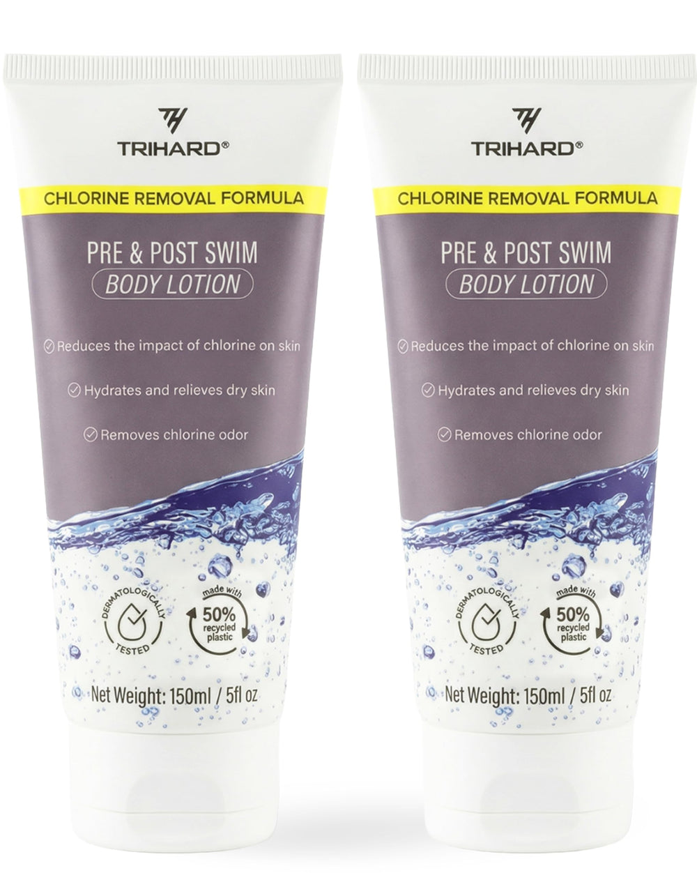 TRIHARD Chlorine Defense Body Lotion packaging, ideal for poolside protection on the go.