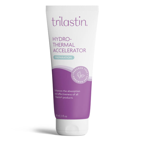 TriLASTIN Hydro-Thermal Accelerator bottle shown for at-home moisturizing and rapid absorption.