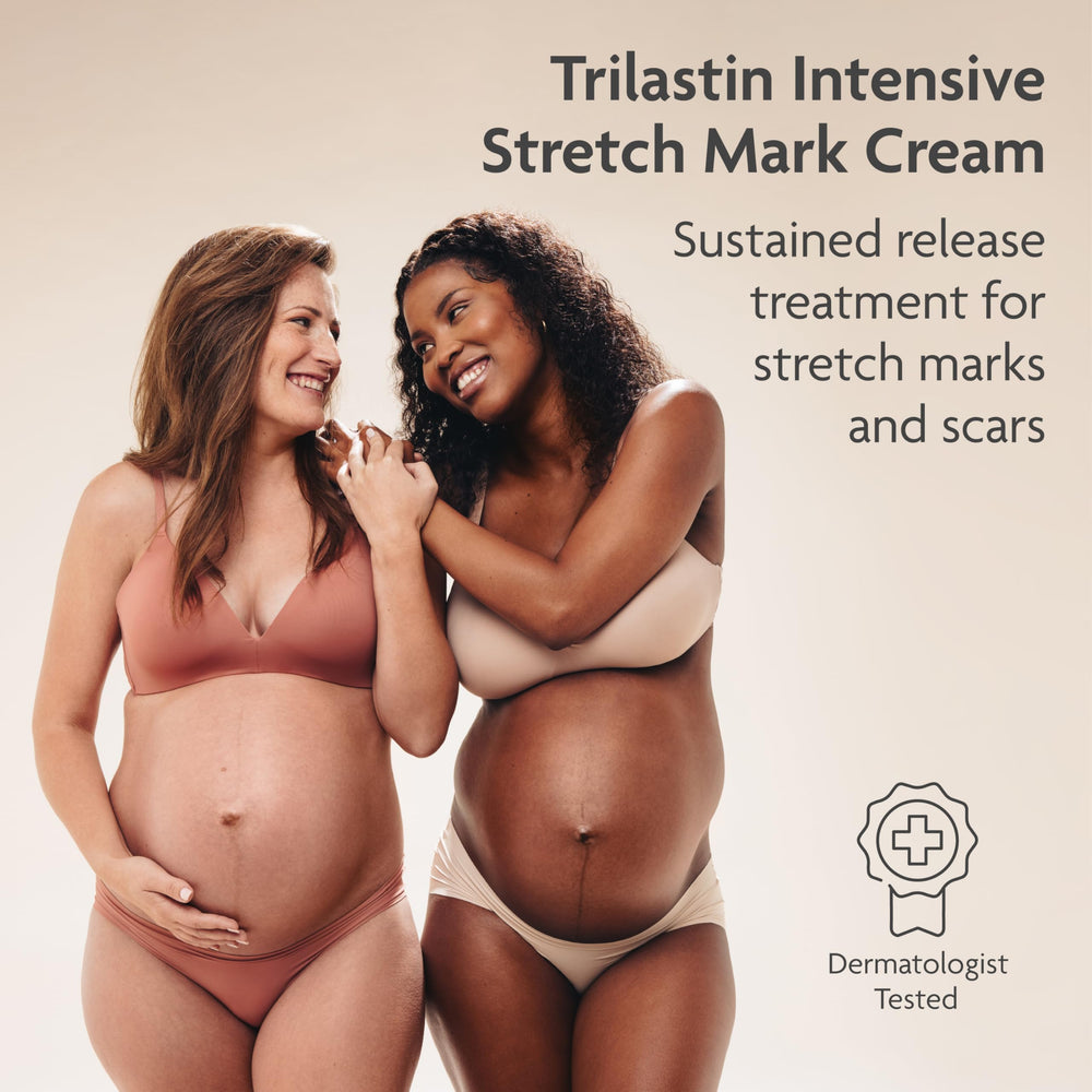 Hands applying TriLASTIN Stretch Mark Cream with smooth circular motions.