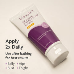 Packaging side view of TriLASTIN Stretch Mark Cream for compact hospital bag readiness.