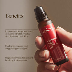 Trilogy certified organic rosehip oil bottle showcases clean, wild-harvested ingredients.