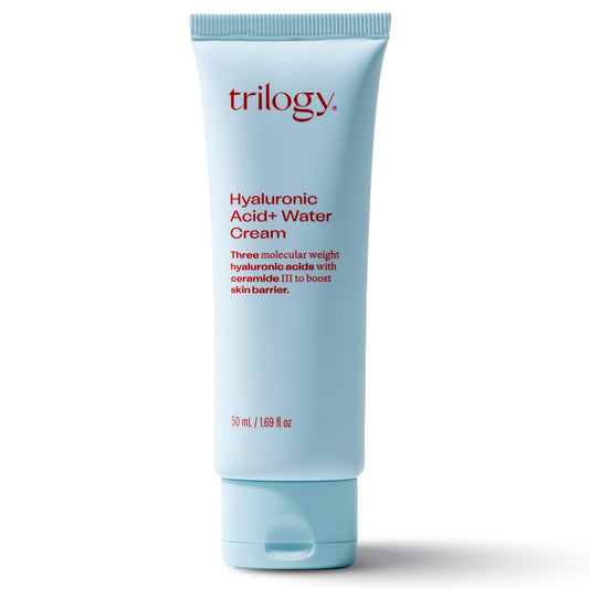 Trilogy Hyaluronic Acid Plus Water Cream bottle for lightweight hydration on the go.