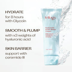 Trilogy Hyaluronic Acid Plus Water Cream jar closeup highlighting smooth skin.