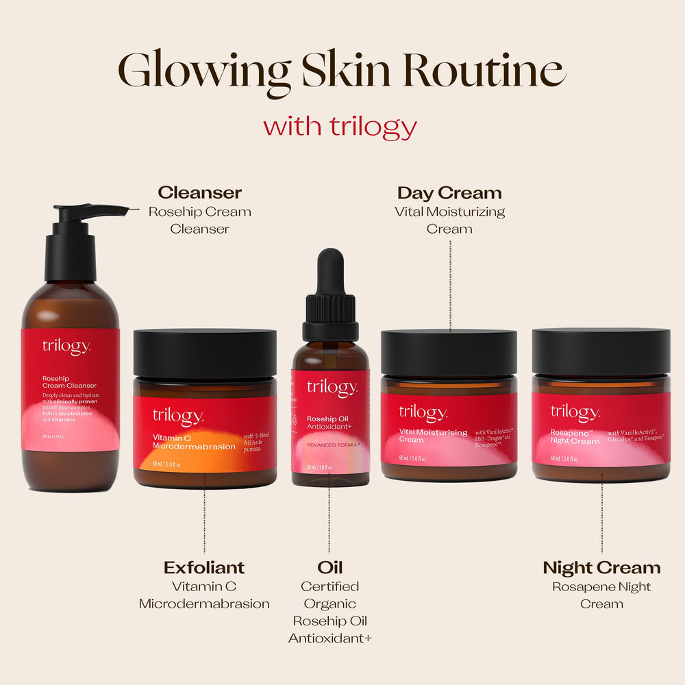 Trilogy Rosehip Oil glow on skin demonstration after application.