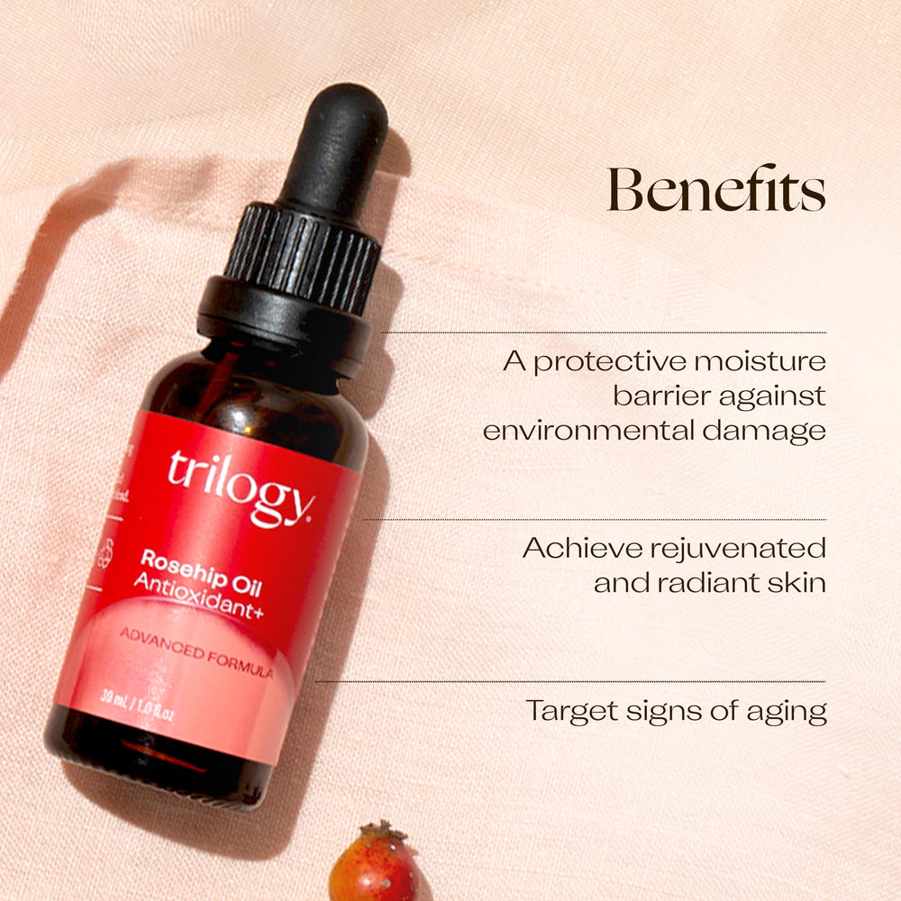 Trilogy Rosehip Oil with Rosapene bottle highlighting antioxidant-rich protection.