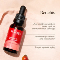 Trilogy Rosehip Oil with Rosapene bottle highlighting antioxidant-rich protection.