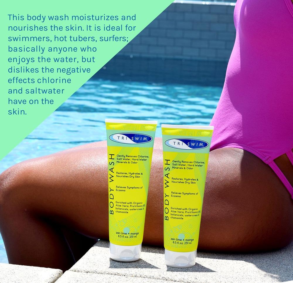 TRISWIM After Swim splash suggests refreshing post-swim use and pool-time relief