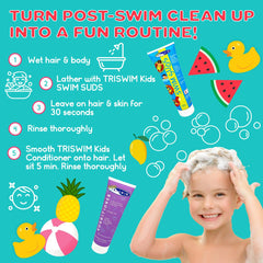 TRISWIM Kids Conditioner bottle showcases detangling and hydration after swimming sessions.