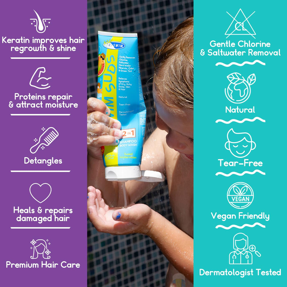 TRISWIM Kids Suds tear-free lather highlights safe cleansing for children's sensitive skin.