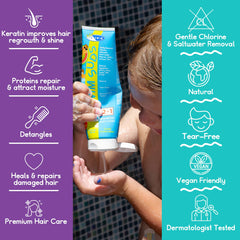 TRISWIM Kids Suds tear-free lather highlights safe cleansing for children's sensitive skin.