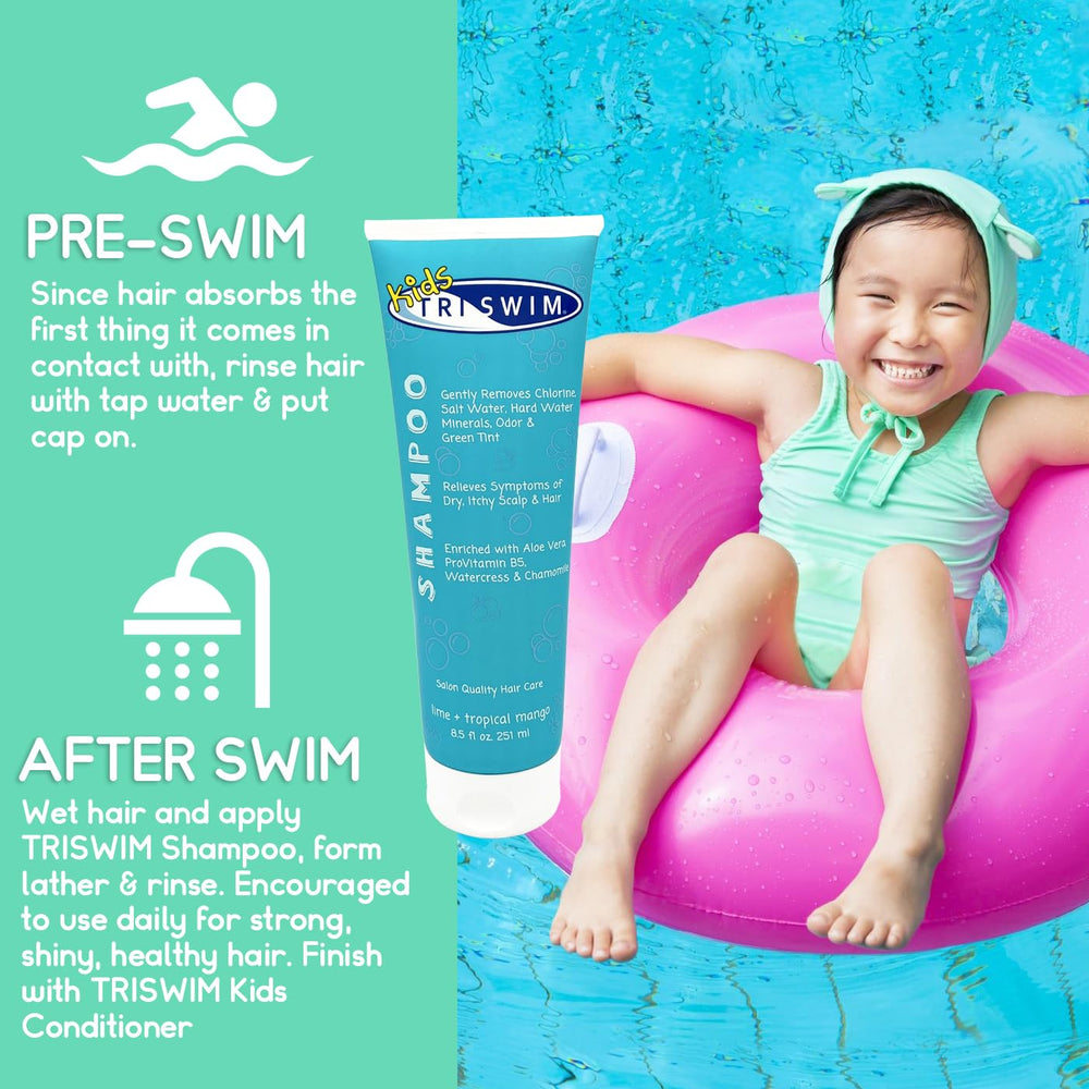 TRISWIM Kids Swim Care Set in 8.5 oz bottles for convenient use.