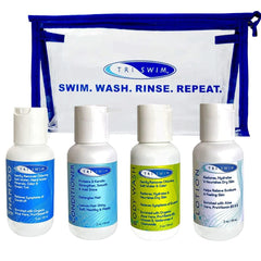 TRISWIM Chlorine-Out Shampoo in travel bag for chlorine removal after swimming