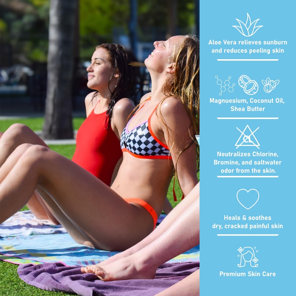 TRISWIM swim lotion 64oz bottle pouring emphasizes easy application after swimming.