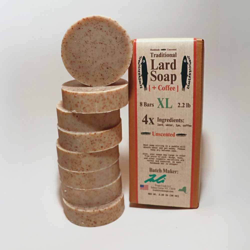 Troutcreeksoaps traditional lard coffee soap bar close-up with creamy lather