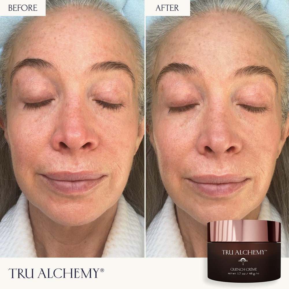 Tru Alchemy Quench Crème texture swatch demonstrates smooth, plump skin after application.